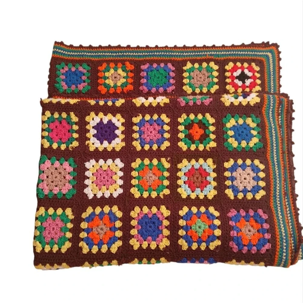 Vintage 70's Handmade Blanket Granny Square Farmhouse Multi-Color Crochet Unique